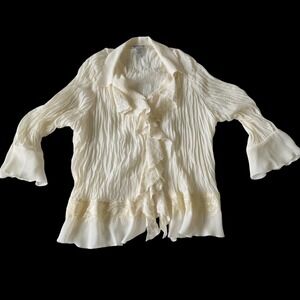 70's Robbie Bee Woman Cream Crinkle Blouse Eyelet Lace Ruffle Bell Sleeve Top 1X